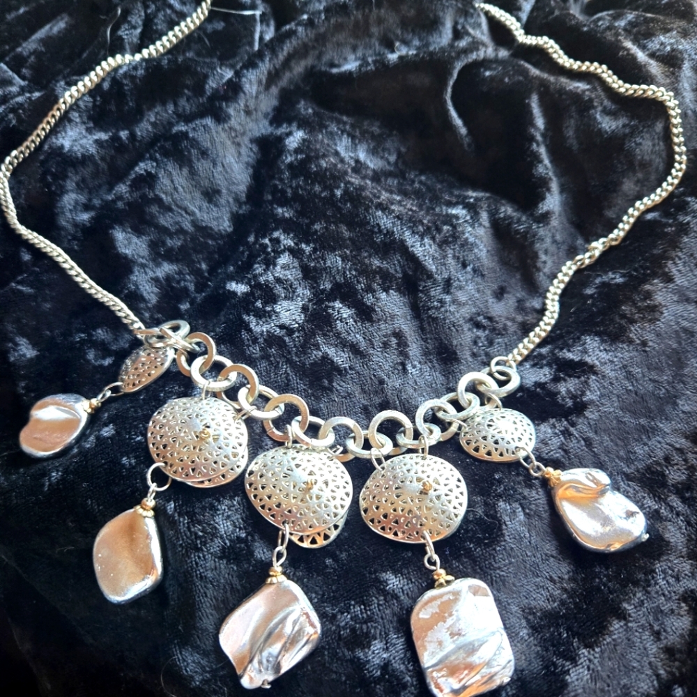Silver Statement Necklace with Shell Accents